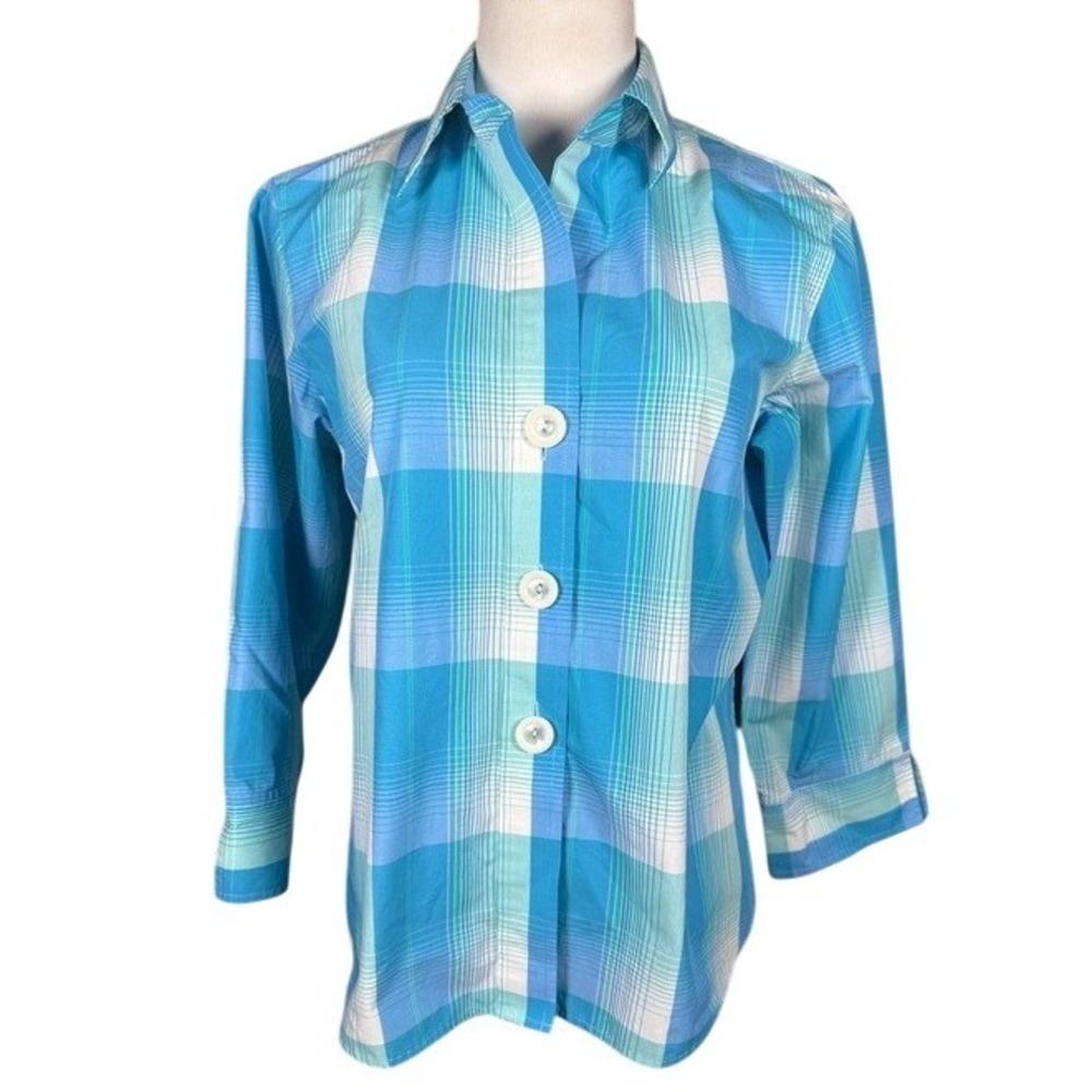 Foxcroft Womens 12P Blue Plaid Wrinkle‎ Free Shaped Fit 3/4 Sleeve Button Down